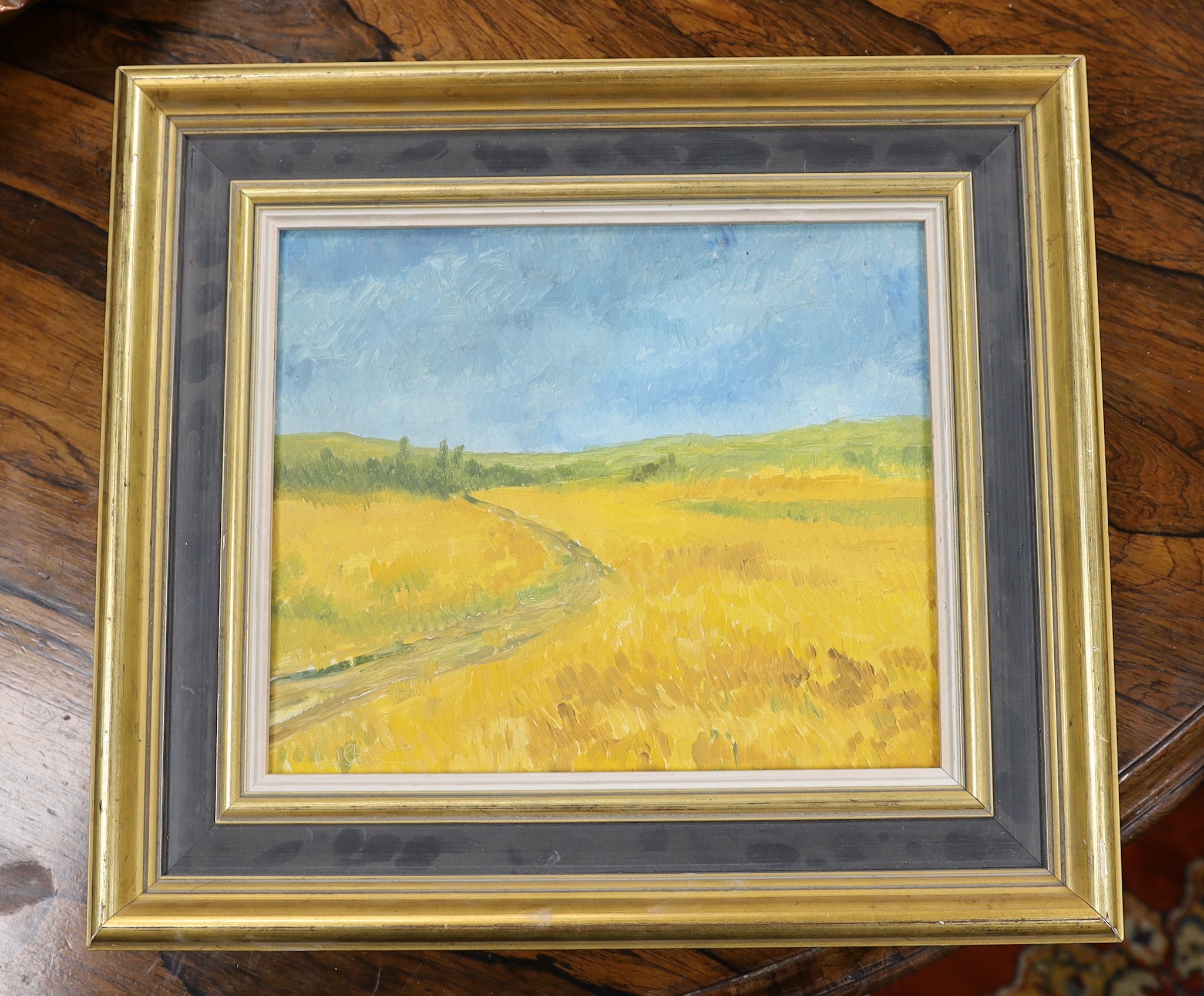 Modern British, oil on canvas, Cornfield in summer, indistinctly signed Neil S.., 24 x 28cm